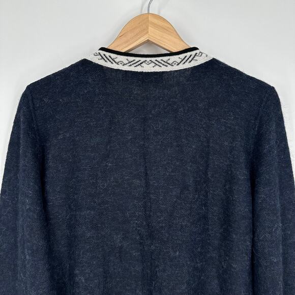 Peruvian Link Feather Cardigan Baby Alpaca Contrast Trim Fuzzy Crew Neck Sweater - Picture 8 of 12